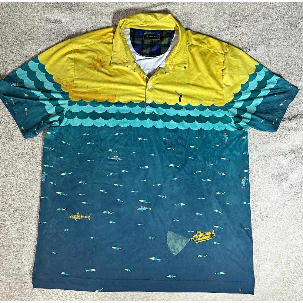 William Murray Men's Polo Shirt XXL 20,000 Leagues Print Yellow Blue Scuba Diver